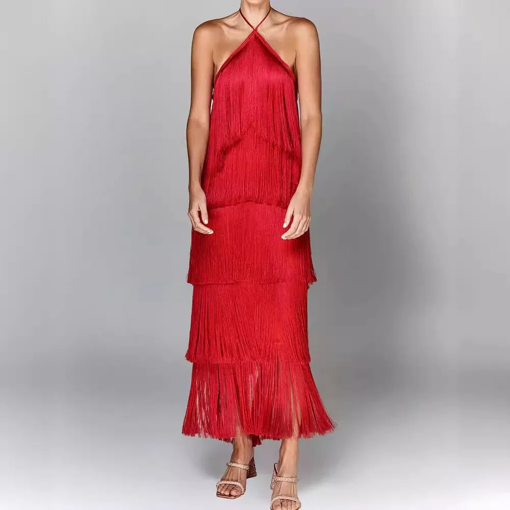 TWOTWINSTYLE Solid Spliced Tassel Dresses for Women Halter Sleeveless High Waist Temperament Dresses Female Fashion New