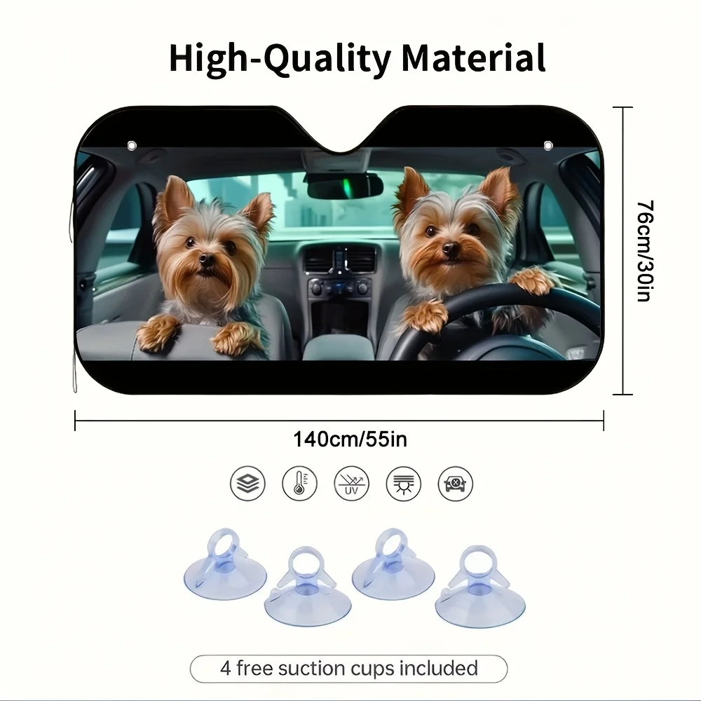 قطعة واحدة من مظلة السيارة المطبوعة على شكل كلب يوركشاير جحر مع 4 أكواب شفط - مظلة أمامية، ظل تبريد قابل للطي للسيارات، يوركشاير تير