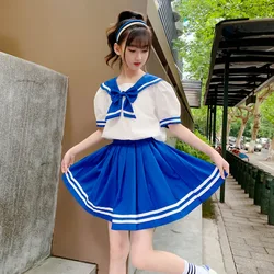 2023 Summer children set school striped teens Girl clothes JK Uniform Bow sailor Collar Blouse Shirt + solid blue Pleated Skirt