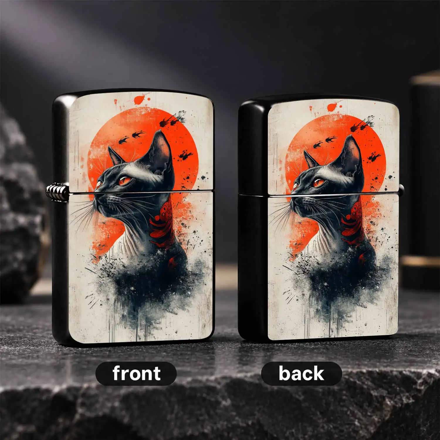 Stylish Sphynx Cat Art Print Lighter, Retro Oriental Red Sun Koi Pattern Design, Aesthetic Vintage Portable Item, Ideal For Daily Use Outdoor Gathering Scenes, Unique Creative Gift Choice For Friends And Art Enthusiasts A Humorous And Inter