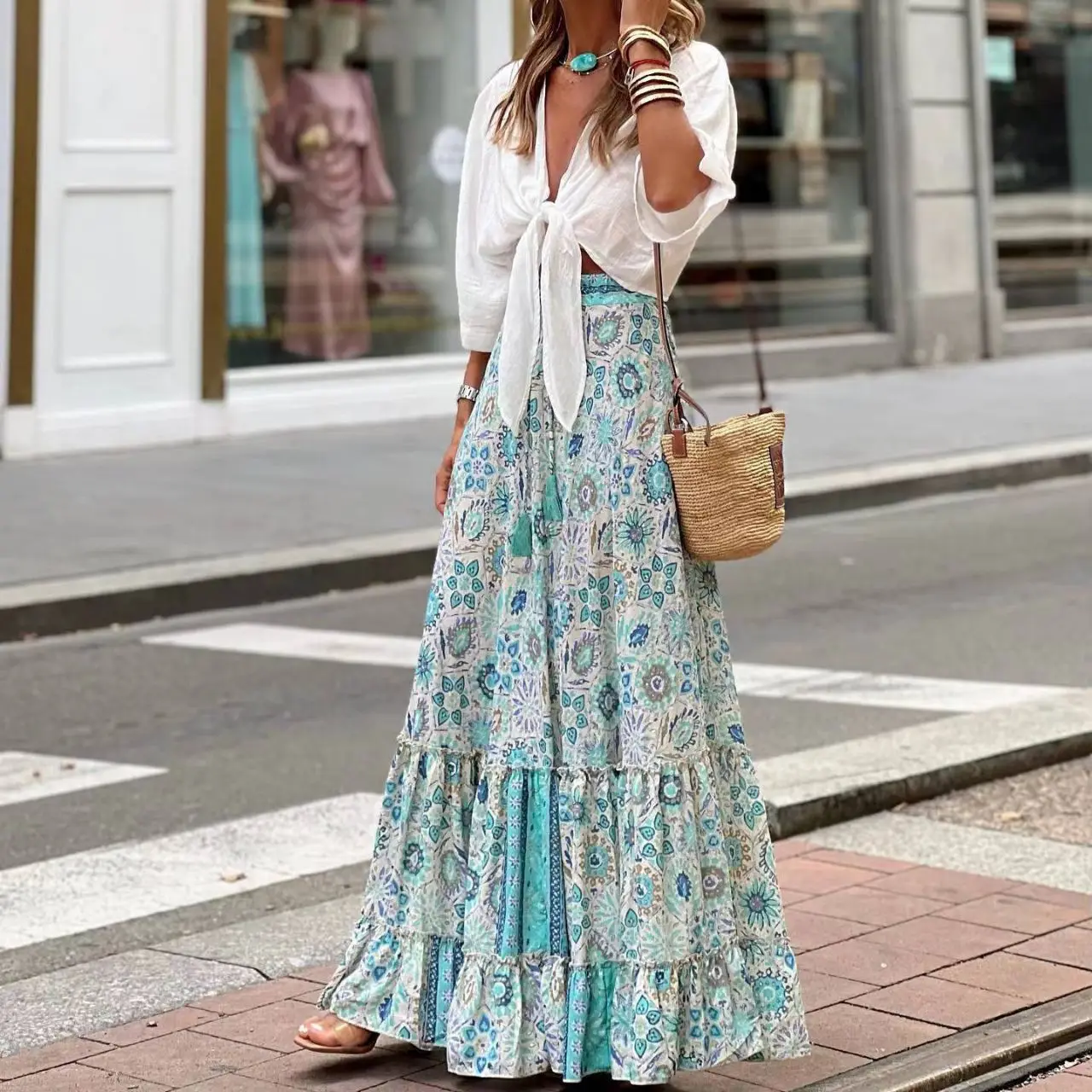 

Summer Boho Maxi Skirts for Women 2024 Vintage Large Hem Beach Skirt Female Casual A-line Long Skirts Women's Skirt