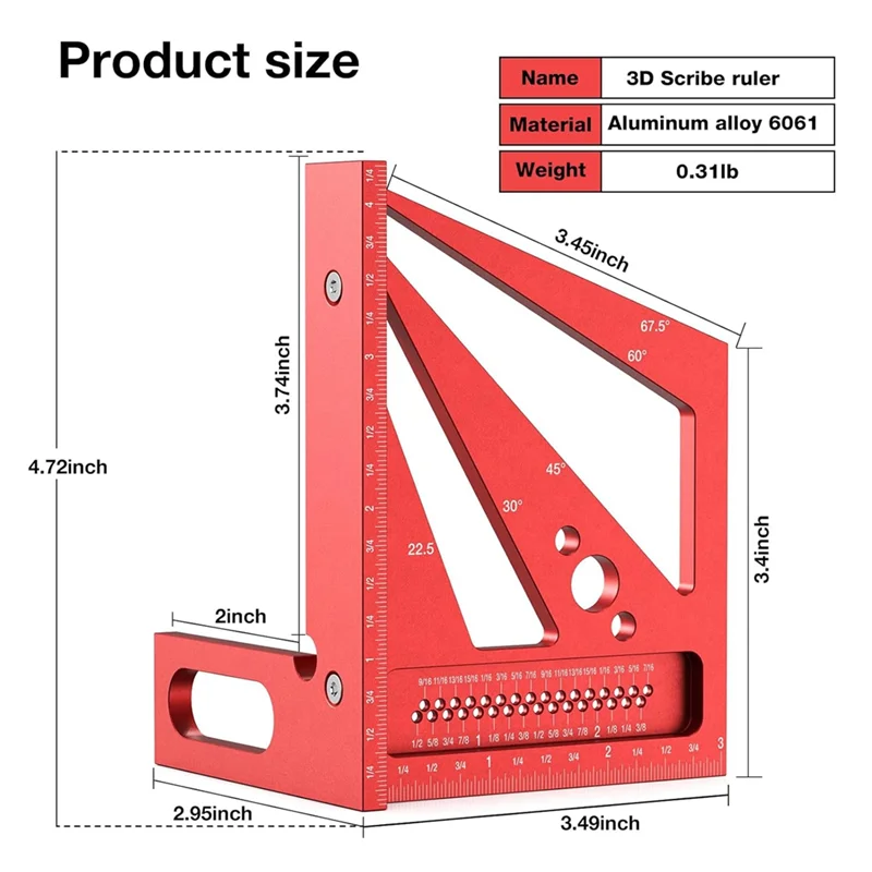3D Multi Angle Measuring Ruler With 2 Pens, 22.5-90 Degree Aluminum Alloy Woodworking Square, Drawing Line Ruler-New