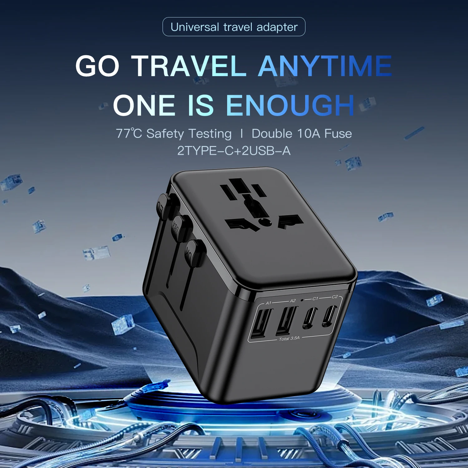 FE&EC Universal Travel Adapter with 2USB Ports 3 Type-C PD Charging All-in-one Travel Adapter EU/UK/USA/AUS Plug for Travel