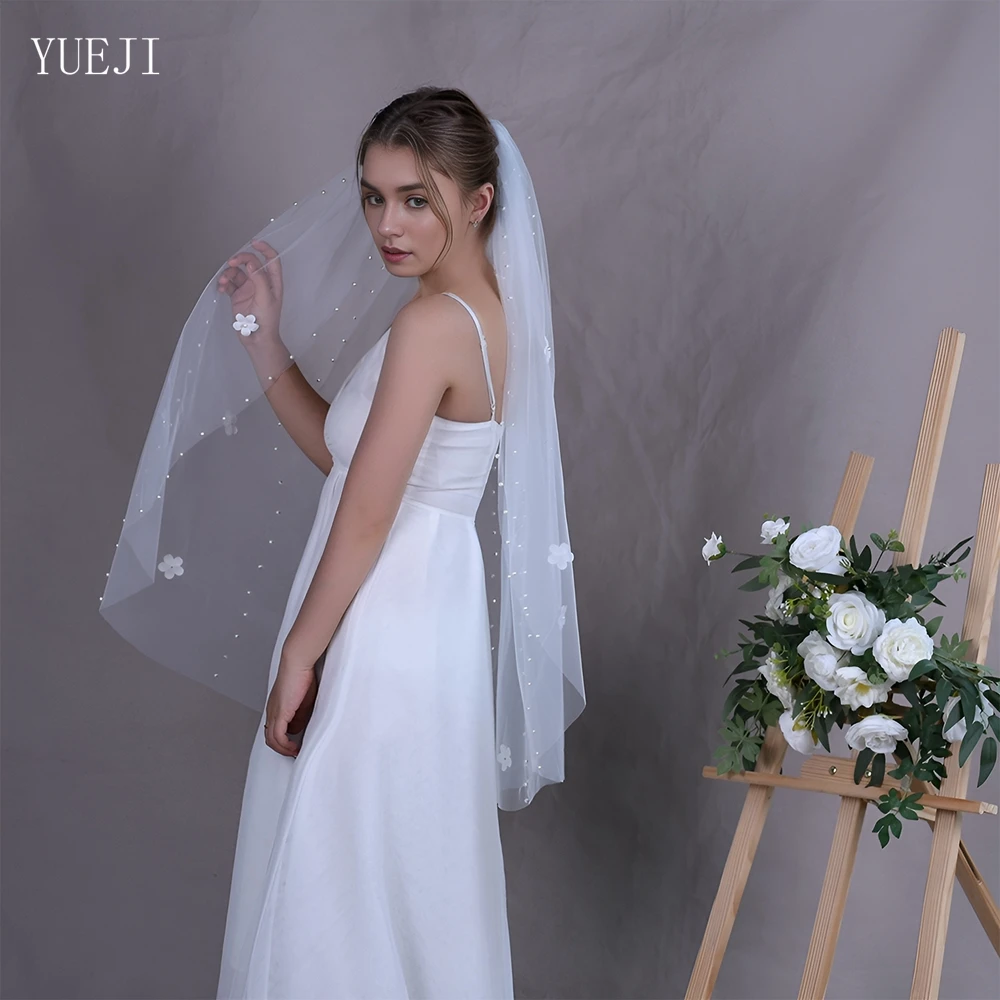 YUEJI-véu único nupcial com pérolas, flor 3D, véu de noiva elegante, Bachelorette De Novia 2024 De Buena Calidad, YJ193