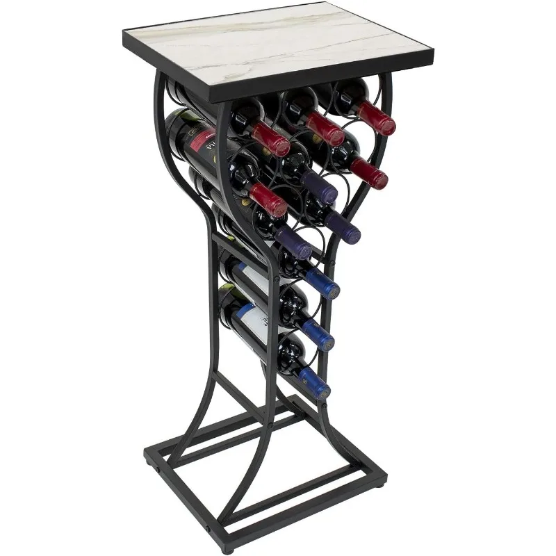 Wine T1 Console pour bar à la maison, mini support à vin avec dessus de table en faux marbre blanc, métal durable autoportant