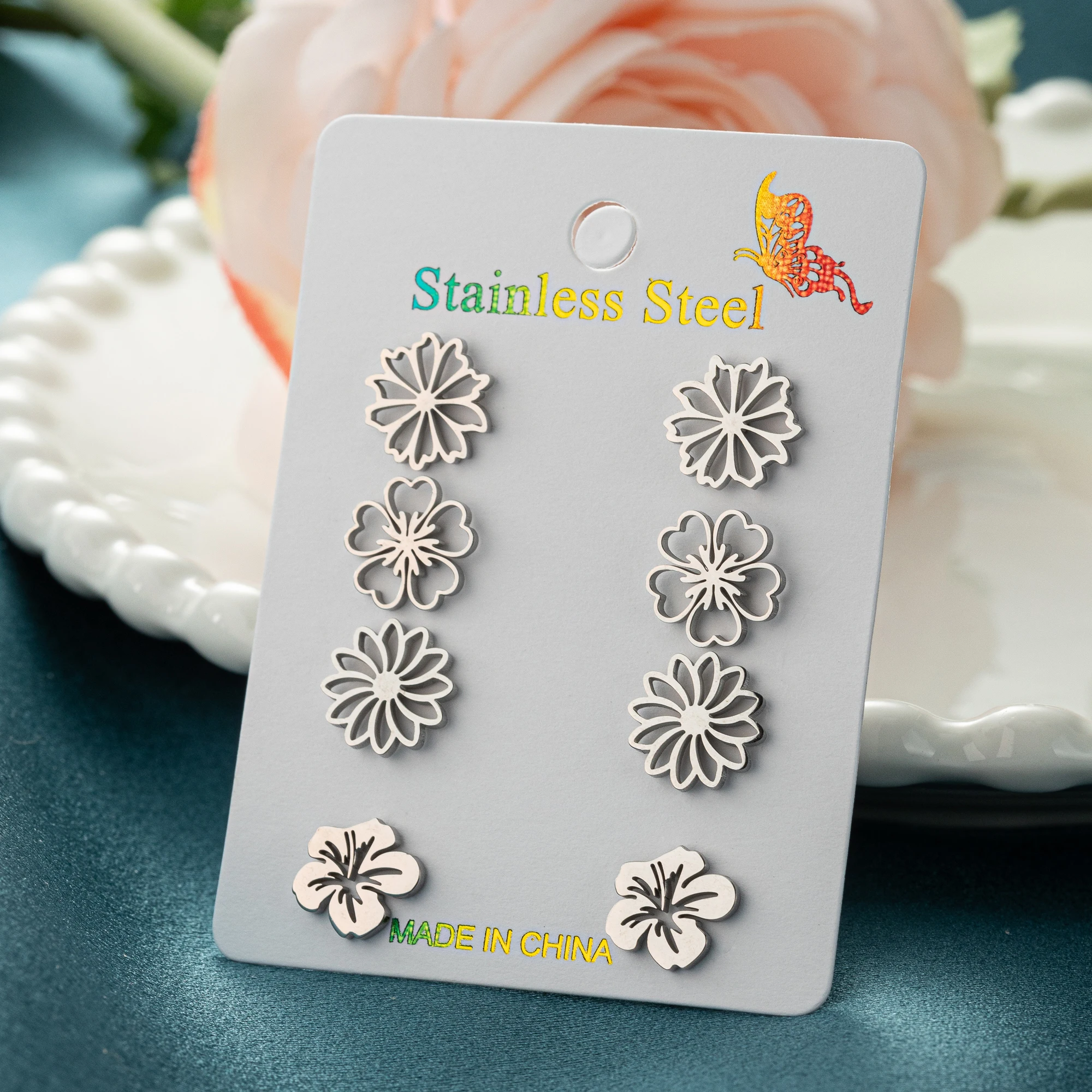 Vintage Plum Blossom Flower Plant Ear Piercing Stud Earrings Set For Women Golden Stainless Steel Premium Jewelry Birthday Gift