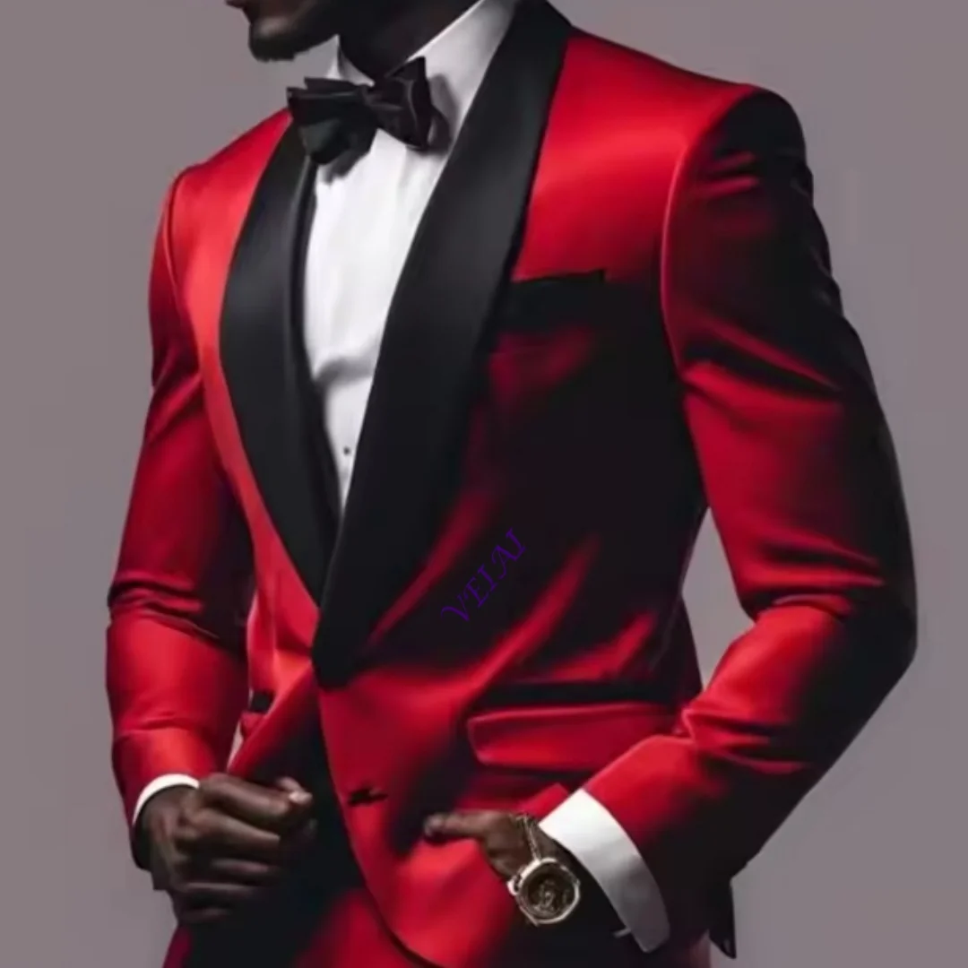 CustomizedNew Luxury Red Satin Men Suits 2025 Shawl Lapel Single Breasted Wedding Blazer 2 Piece Jacket Pants Formal Prom Party