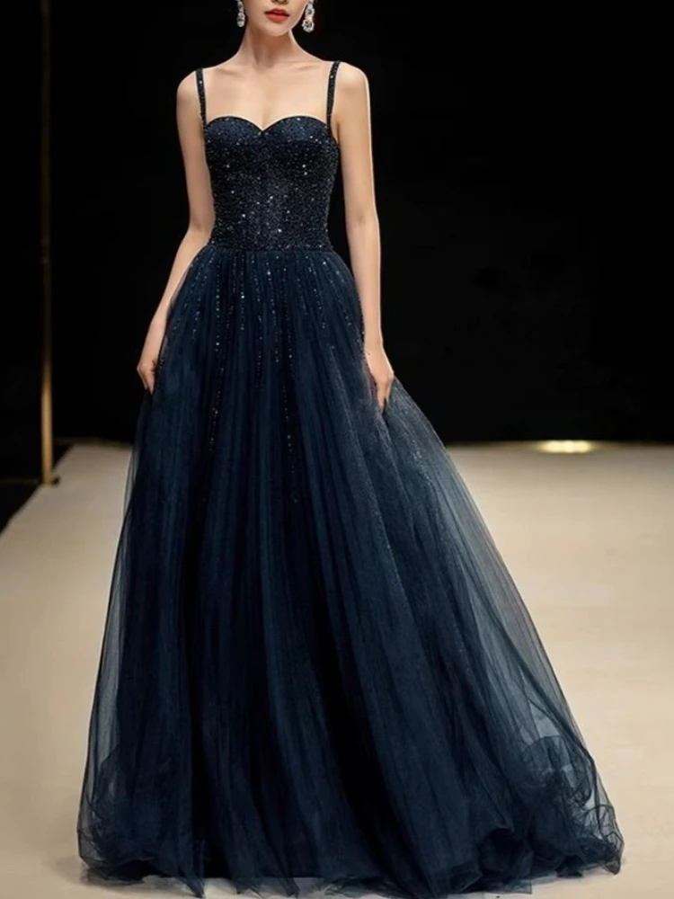 Elegant Princess Navy Blue Sequin Spaghetti Strap Sweetheart Neckline Tulle Formal Dress Women Banquet Graduation Party Wear