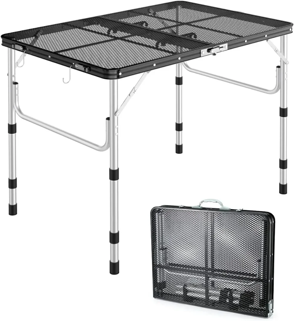 Mesa plegable, mesa de camping de altura ajustable con 2 ganchos, mesa de parrilla portátil de aluminio liviana y compacta para exteriores