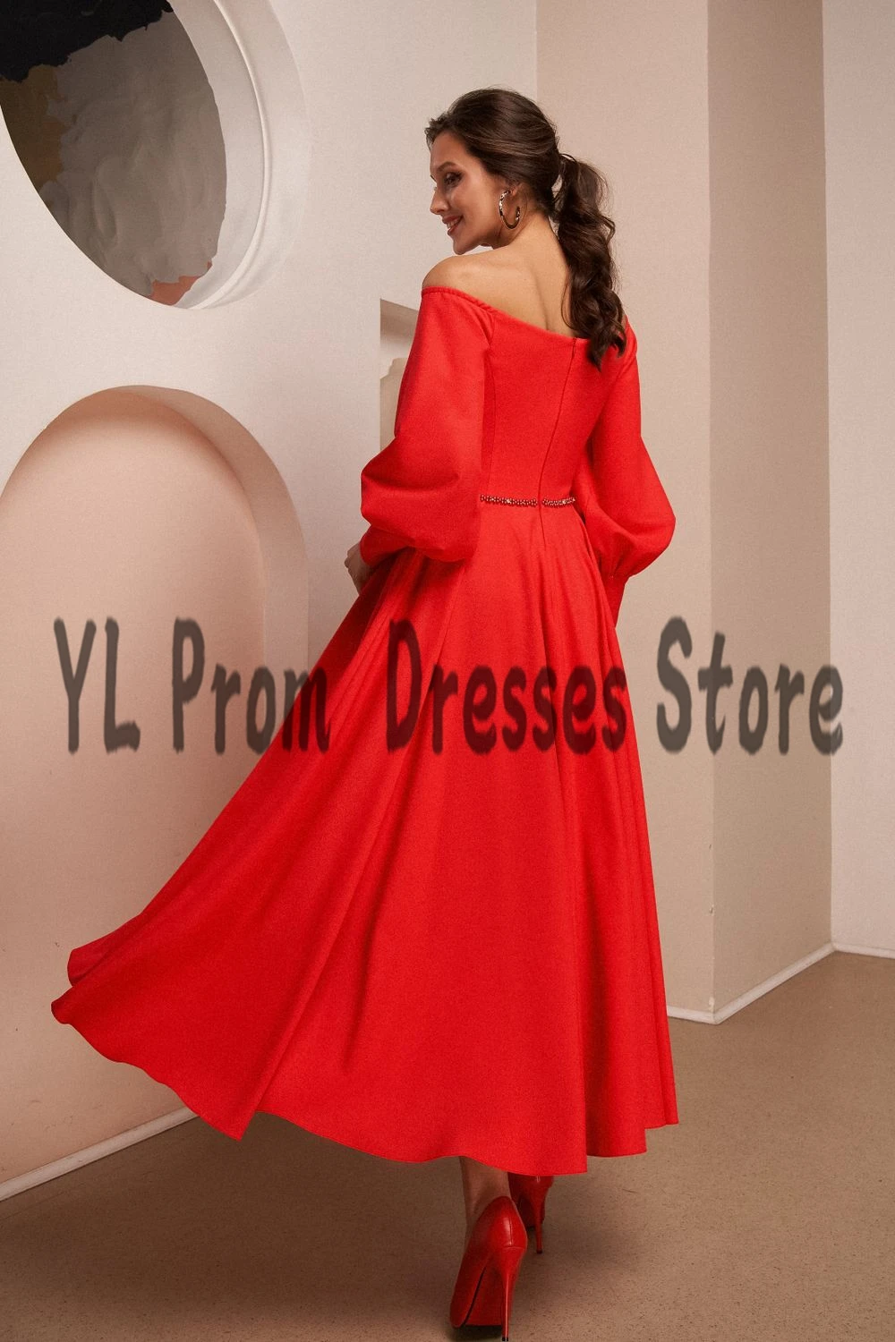 Yl Formele Chiffon A-lijn Graduation Jurken Plisse Uit De Schouder Prom Dress Thee-Lengte Kralen Sjerpen Robes De Soiree