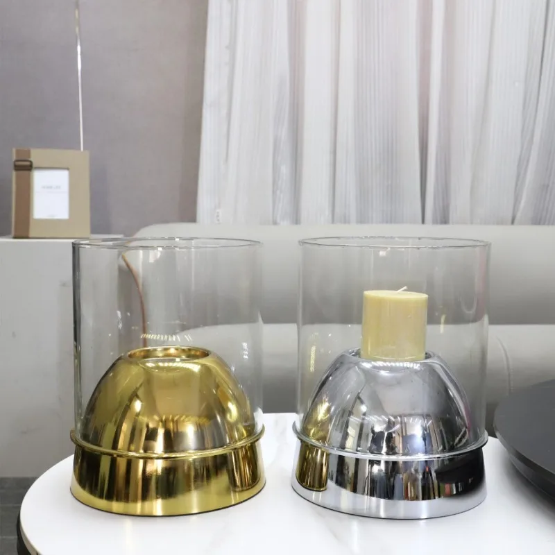 Modern Light Luxury Geometric Metal Glass Cover Candlestick Table Top Ornament Living Room Home Accessories