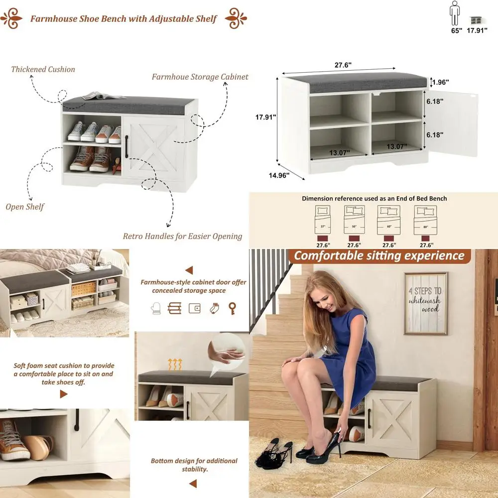 

2-х уровневая скамья для хранения обуви в стиле фермерского дома с подушкой, регулируемая полка, дверца сарая, античный белый цвет, емкость 300 фунтов