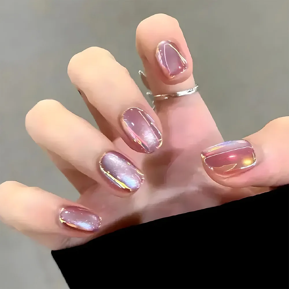 

24pcs Iridescent Cat Eye Press-On Nails, Multicolor Holographic Effect, Short Coffin Shape, Assorted Sizes
