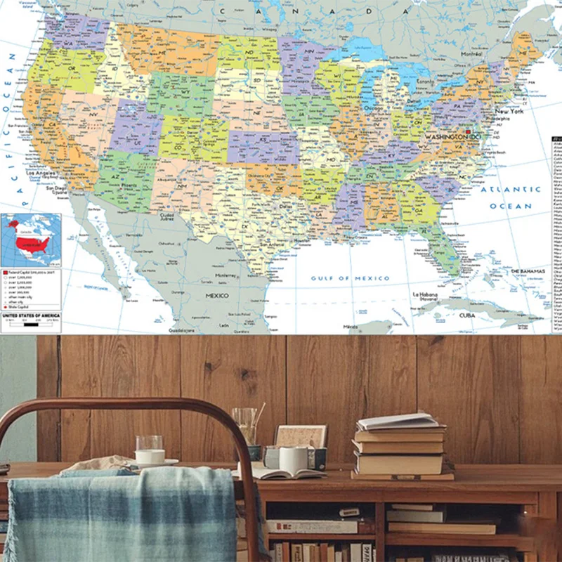 미국 지도-행정 지도, 벽 예술 장식 그림 여행 학교 용품 교실 홈 장식 액자 없음