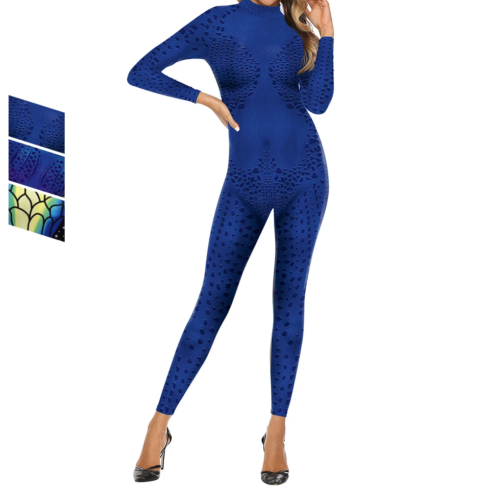 

Zawaland Halloween Blue Bodysuit Women Anime Print Holiday Cosplay Costume Party Disguise Oufit Female Jumpsuit Sexy Catsuit