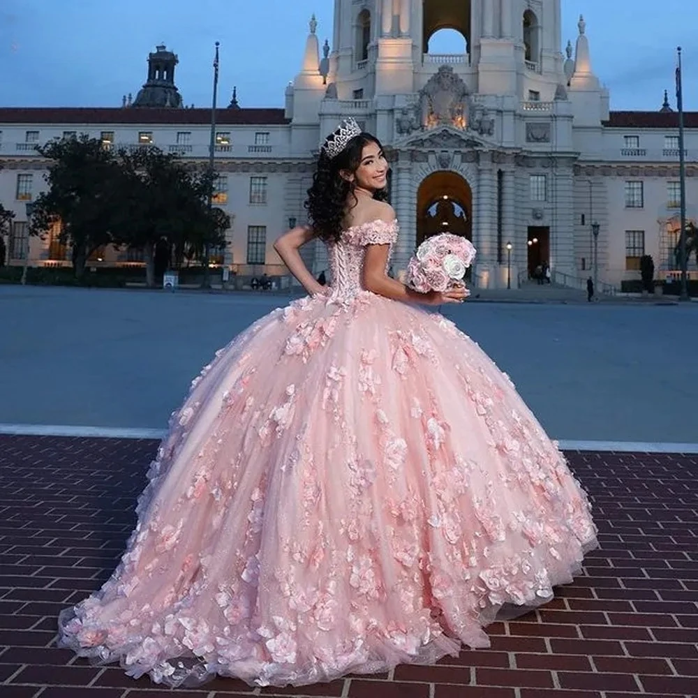 Vestidos de princesa rosa para quinceañera, vestido de baile con hombros descubiertos, perlas florales, dulces 16, 15 Años, personalizado