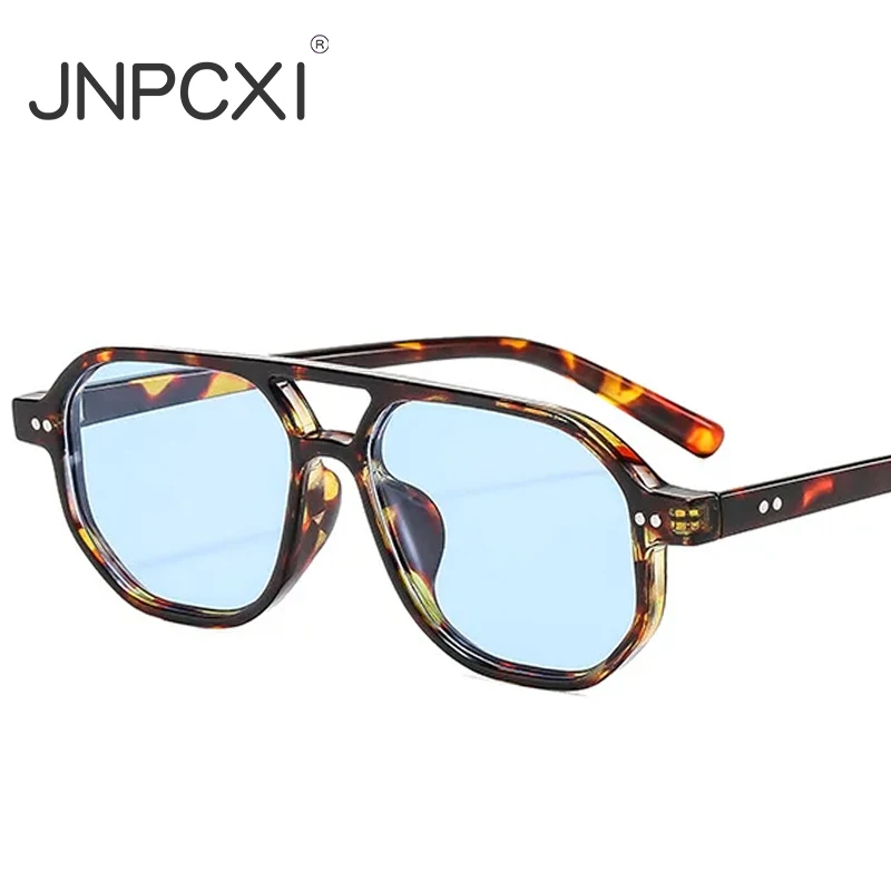 JNPCXI Vintage Double Bridges Polygon Square Men Sunglasses Fashion Green Ocean Lens Eyewear Women Rivets Sun Glasses UV400