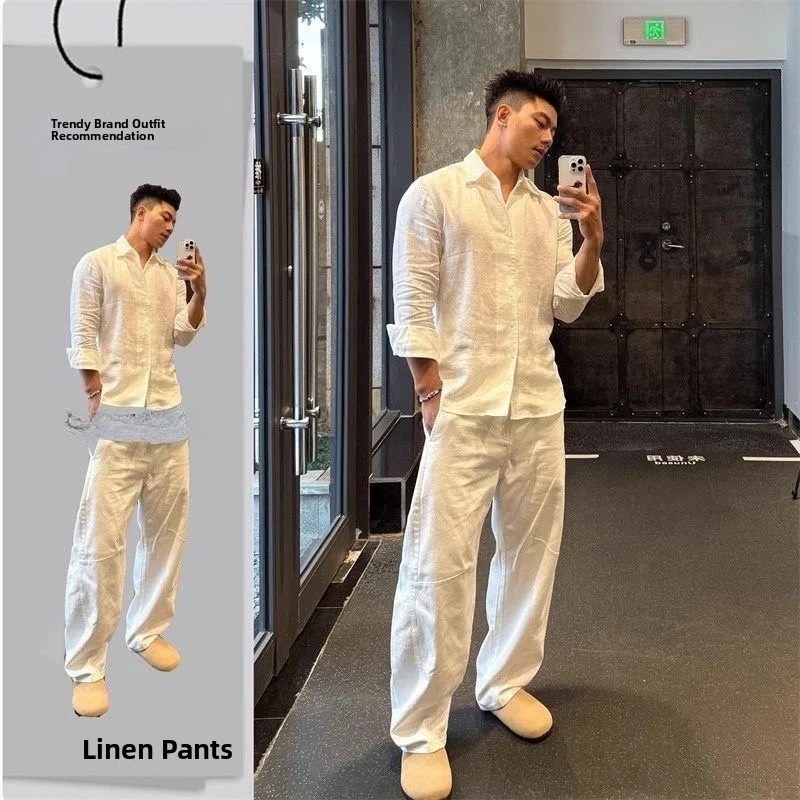 

Linen Cotton Spring Autumn Long Sleeve Men's Set Casual Sports Pants One Whole Set Comfortable Breathable Thin Style