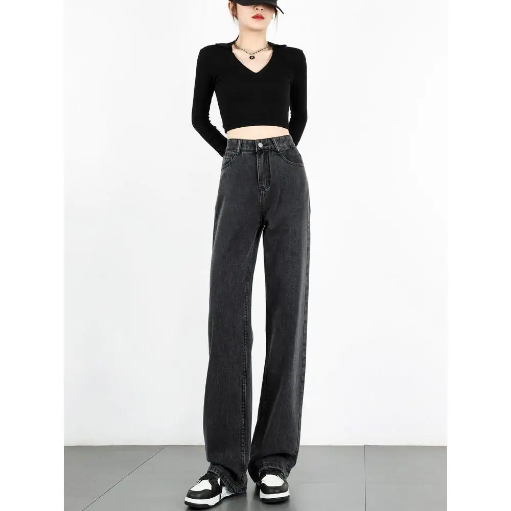 

High Waist Straight Leg Jeans Women's ey Bla Denim Loose Fit Floor Length Pants Autumn Casual Cotton Polyester Blend