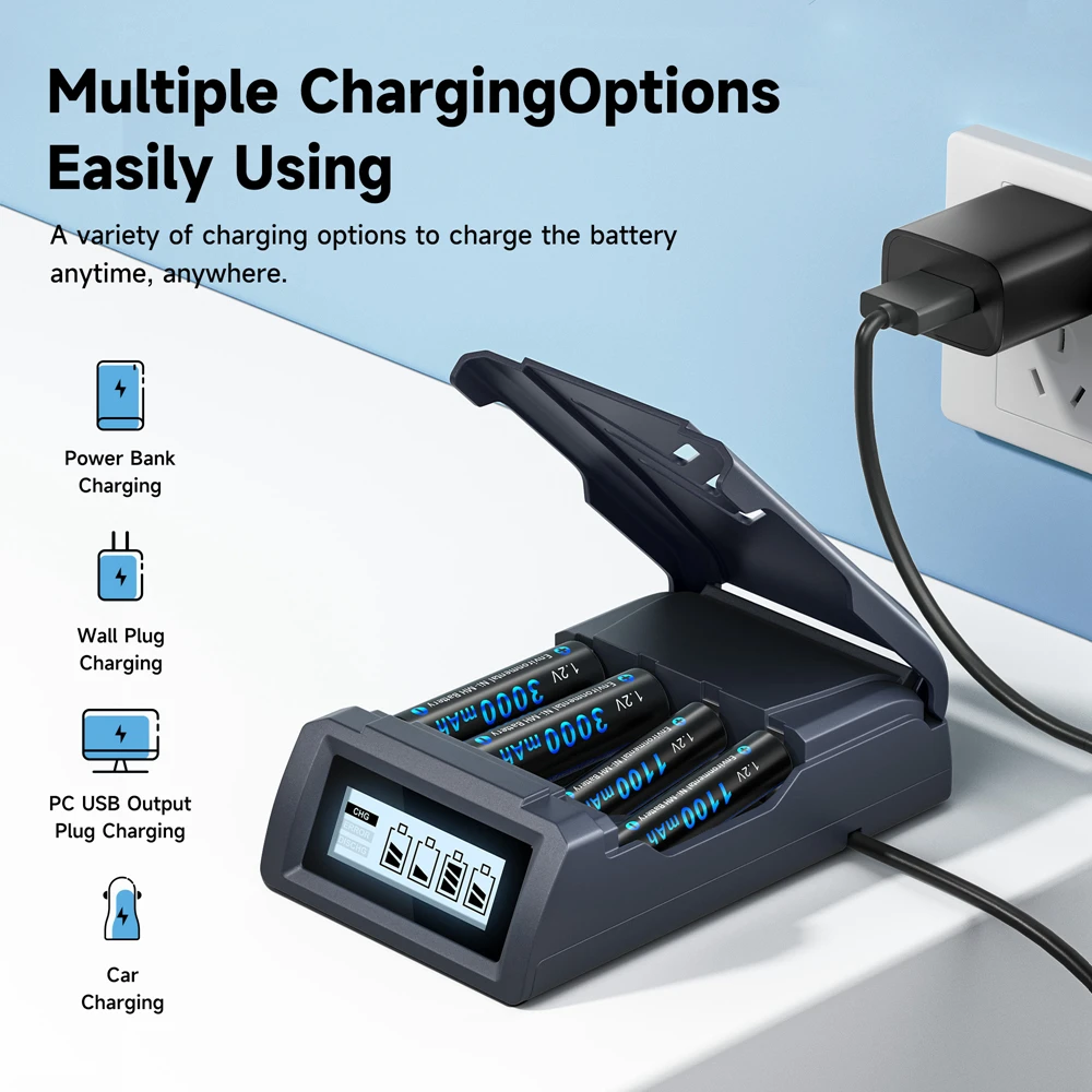 CITYORK 1.2V AA AAA Rechargeable Battery Ni-MH 2A 3000mAh 3A 1100mAh NIMH Batteries Pack + 4-Slot LCD USB Charger for Toy Camera
