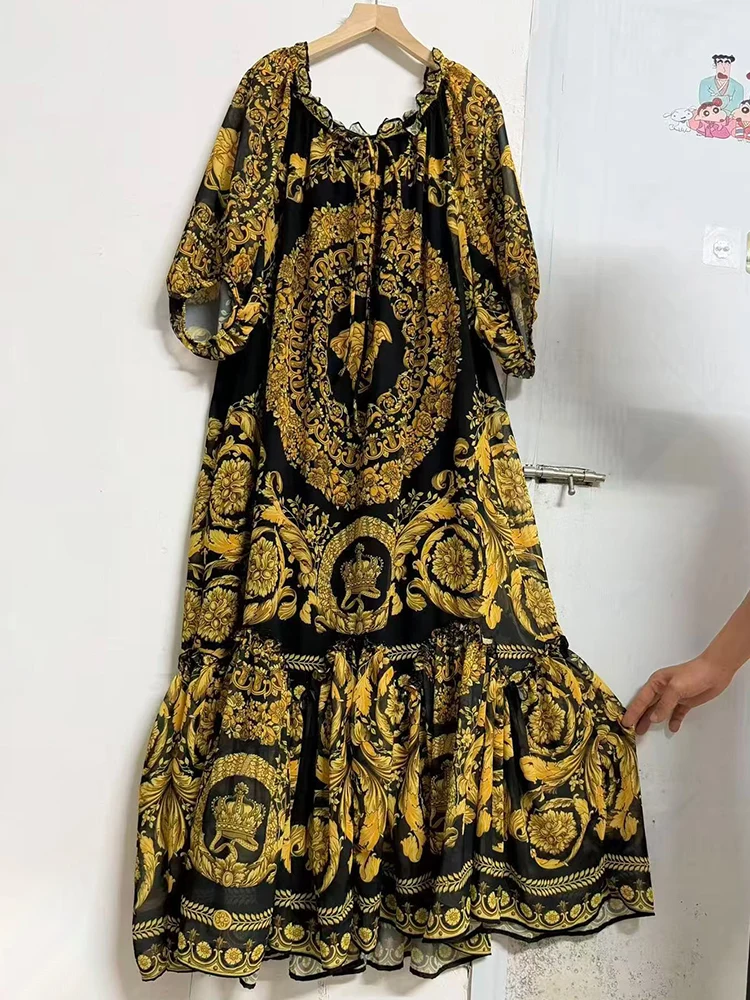 Robe pull à col rond imprimé géométrique rétro, jupe tutu plissée ample grande taille, mode féminine été 2026