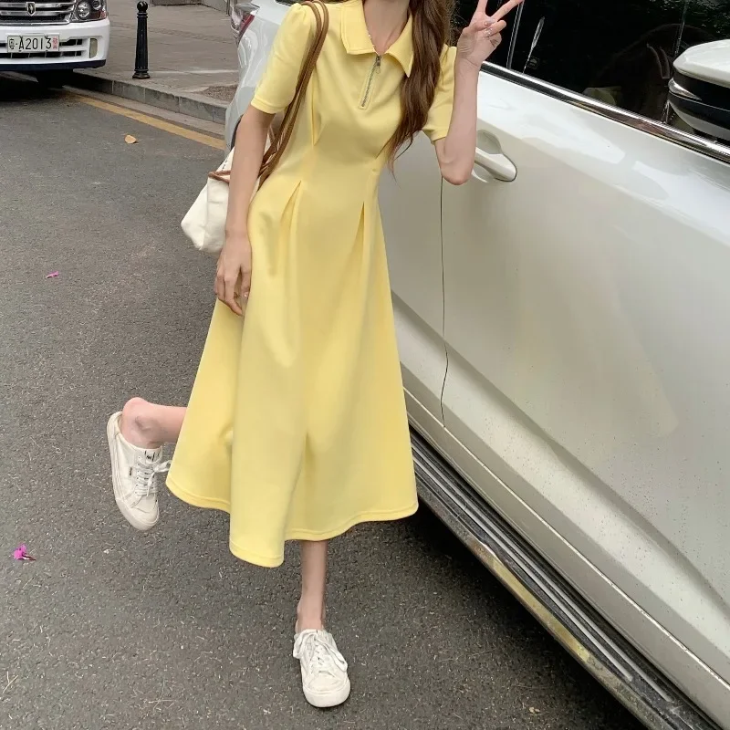 2024French Style Sweet Spicy Polo Collar Dress Women Summer High Quality Soft Waist Slimming Long Dress A- Shaped Summer Fashion