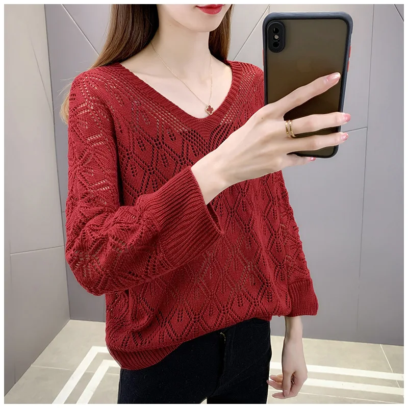 

ZXRYXGS 2023 Spring New V-Neck Hole Hollow Knitwear Women's Shirt Thin Top Long Sleeve Wearing A Sweater Outside Women Jacket