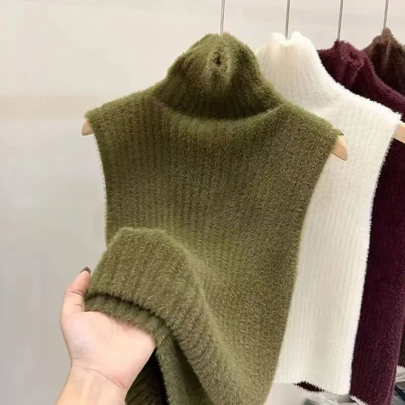 

Осень-зима женский вязаный свитер с высоким воротником жилет без рукавов тонкий эластичный сплошной цвет