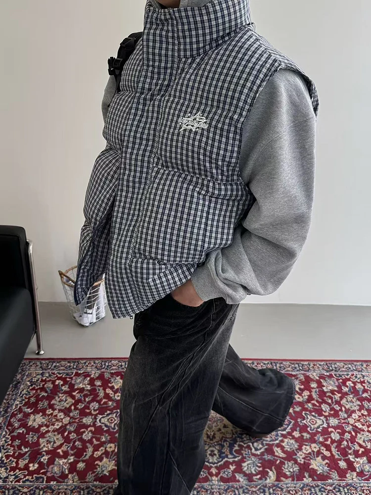 سترة شتوية دافئة سترات نسائية Y2K موضة منقوشة فضفاضة بياقة واقفة سترة Bf ملابس الشارع بدون أكمام معاطف منفوشة للأسفل #4