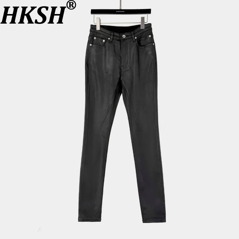

HKSH Spring New Men Tide Dark Classic Wax-coated Jeans Slim Versatile Women Skinny Denim Pants Punk RO Chic Ins Techwear HK22191