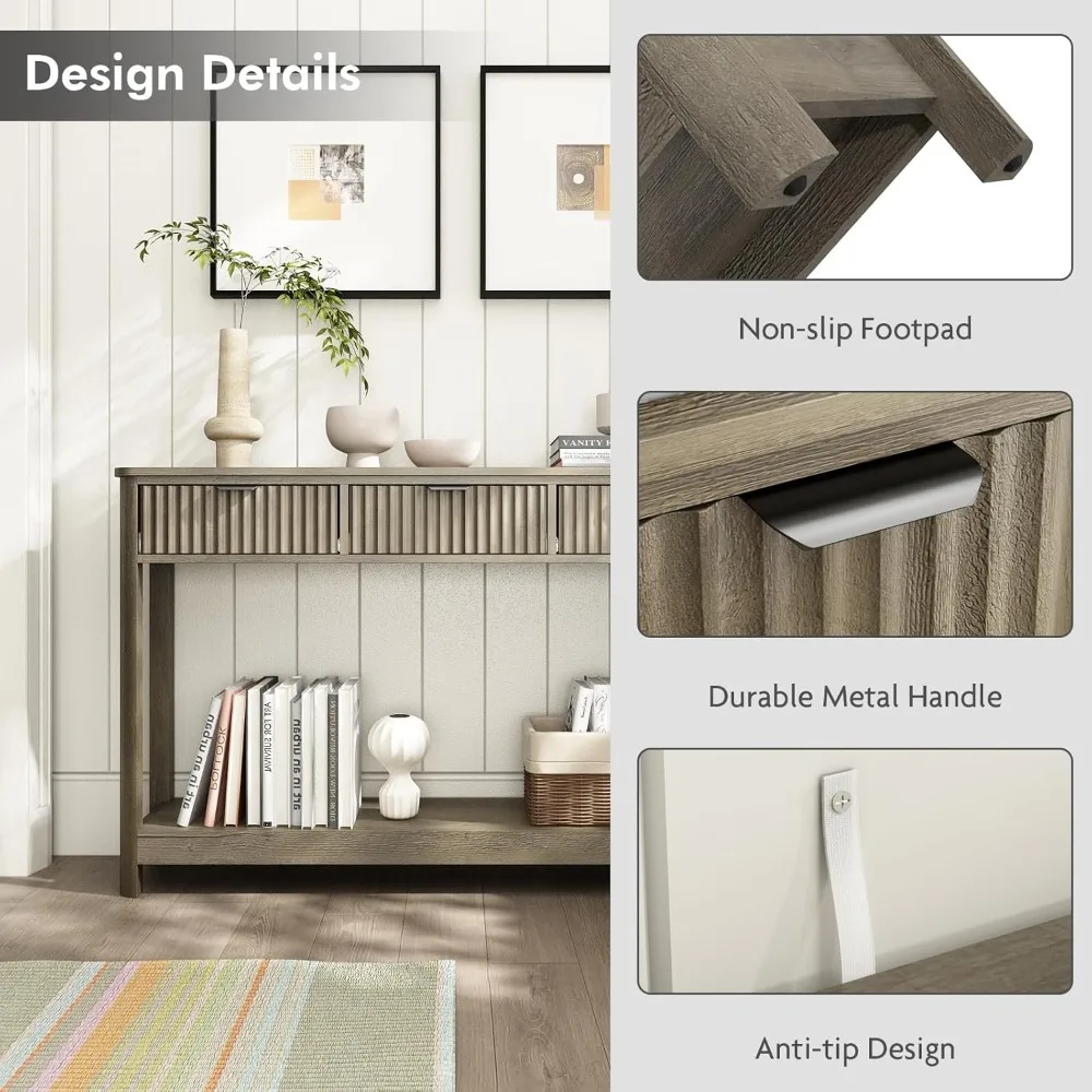 Consolle scanalata con cassetti, tavolo da ingresso moderno 47,1 con ripiano portaoggetti, tavolino stretto e sottile dietro il divano in legno