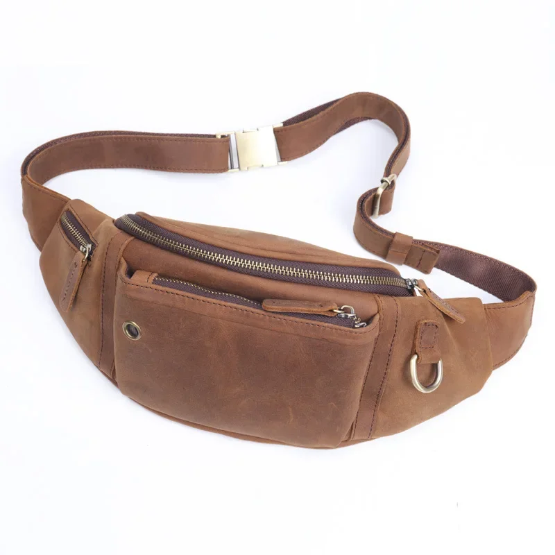 Saco de peito diagonal de couro cavalo louco masculino Camada Baotou, couro de couro celular Fanny Pack, grande capacidade, esportes, homens