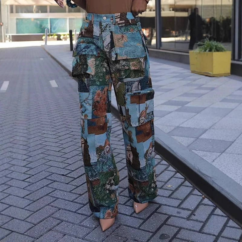 Print Pant Women Vintage Cargo Pants Pockets Buttons Floor Length Trousers Loose Y2k Streetwear Casual Streetwear Autumn Capris