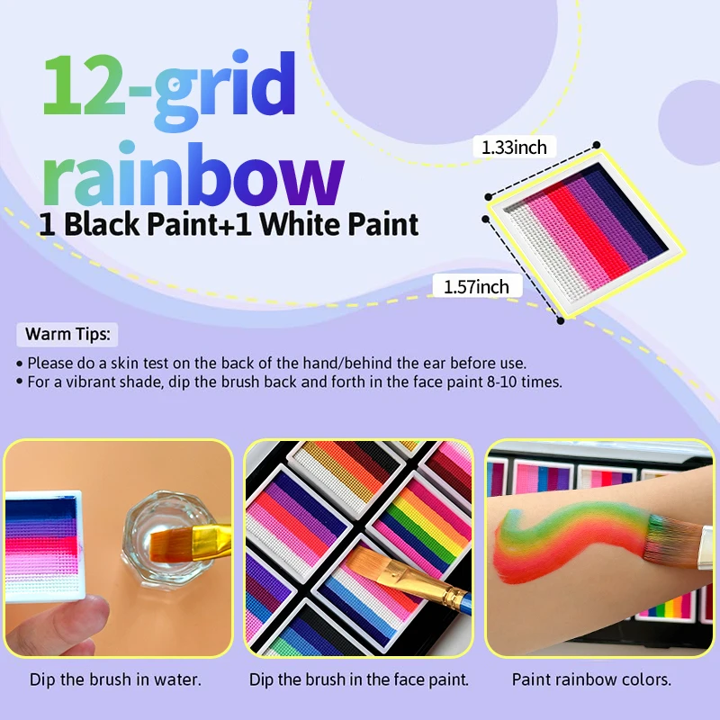 12-Color Rainbow Palette-Water-Soluble Face & Body Paint Kit with Brush,Vibrant Colors for Halloween,Christmas,Cosplay,Stage
