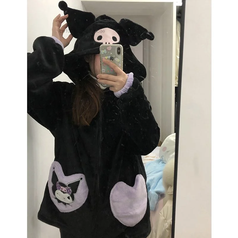 Sanrio Cute Kuromi Plush Hooded Coral Plush Pajamas Set 90s Aesthetic Thickened Warm Home Fur Pijama Set Korean 2000s Sleepwear