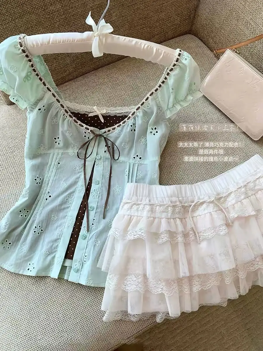 French Coquette Elegant Layered Puff Sleeve Square Neck Crop Top Women Slim Fit Lace Bow Tie Hollow Out Casual Daily Wear Top