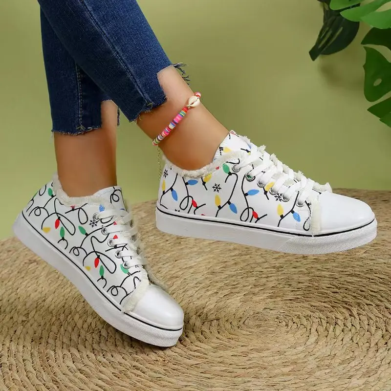 Spring New Women\'s Cartoon Graffiti Casual Canvas Shoes Fashion Lace-Up Woman Breathable Round Toe Sneakers Lightweight Female