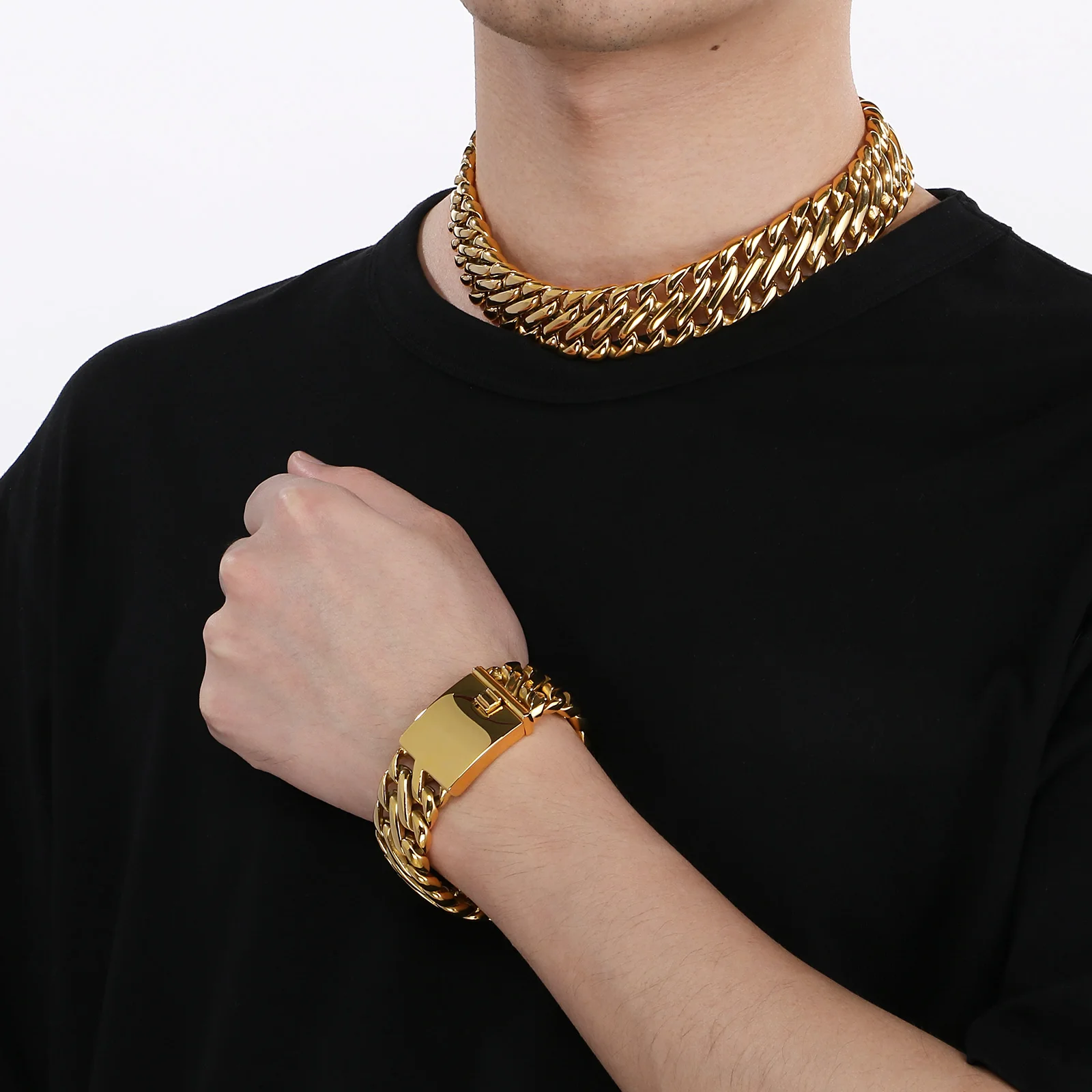 KALEN 23mm Width 316L Stainless Steel Bracelet Necklace Polished Curb Solid Heavy Long Chain Choker Charm Collar Jewelry