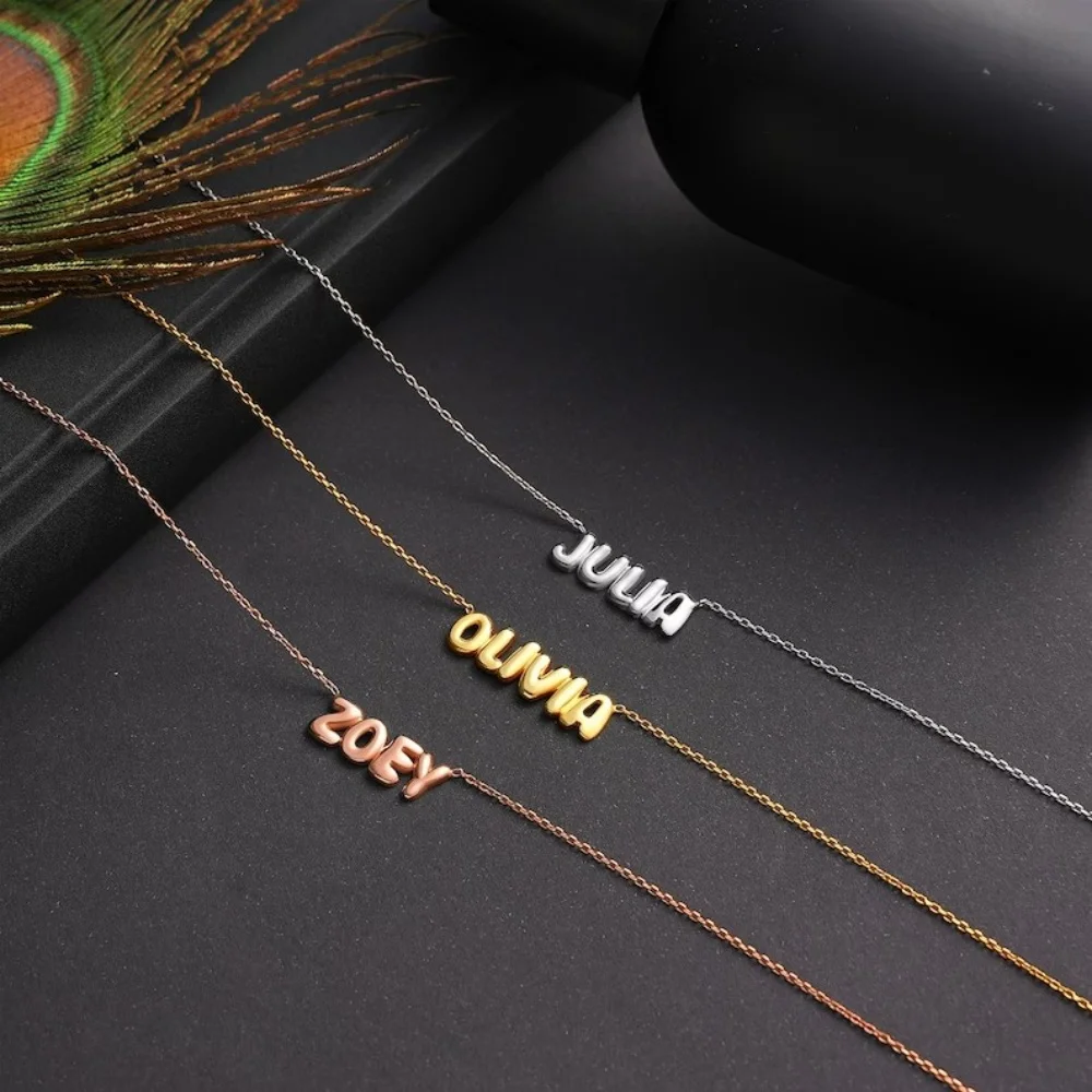 LeeChee 925 Silver 3D Balloon Custom Name Necklace Personalized Bubble Name Puff Necklace Mother's Day Jewelry Gift