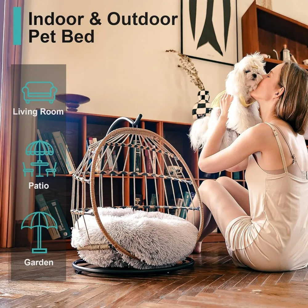 سرير كرسي أرجوحة للقطط - وسادة قابلة للإزالة والغسل، أرجوحة من الخيزران المعلقة للقطط والكلاب الصغيرة في الأماكن المغلقة - رمادي فاتح