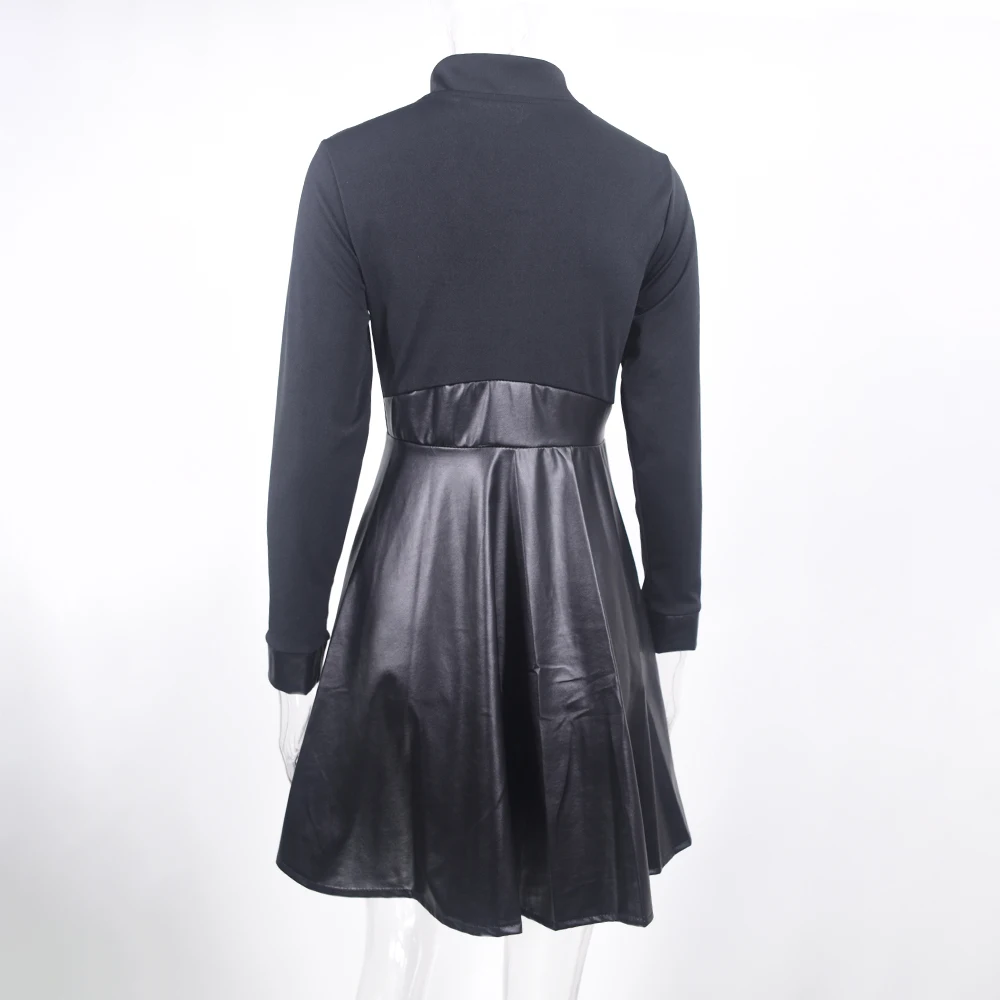 Sexy Dress Zip Long Sleeves Stand Mini Dress Casual Autumn Winter Fashion Pocket Pu Leather Lace Stitching Elegant Slim Dresses