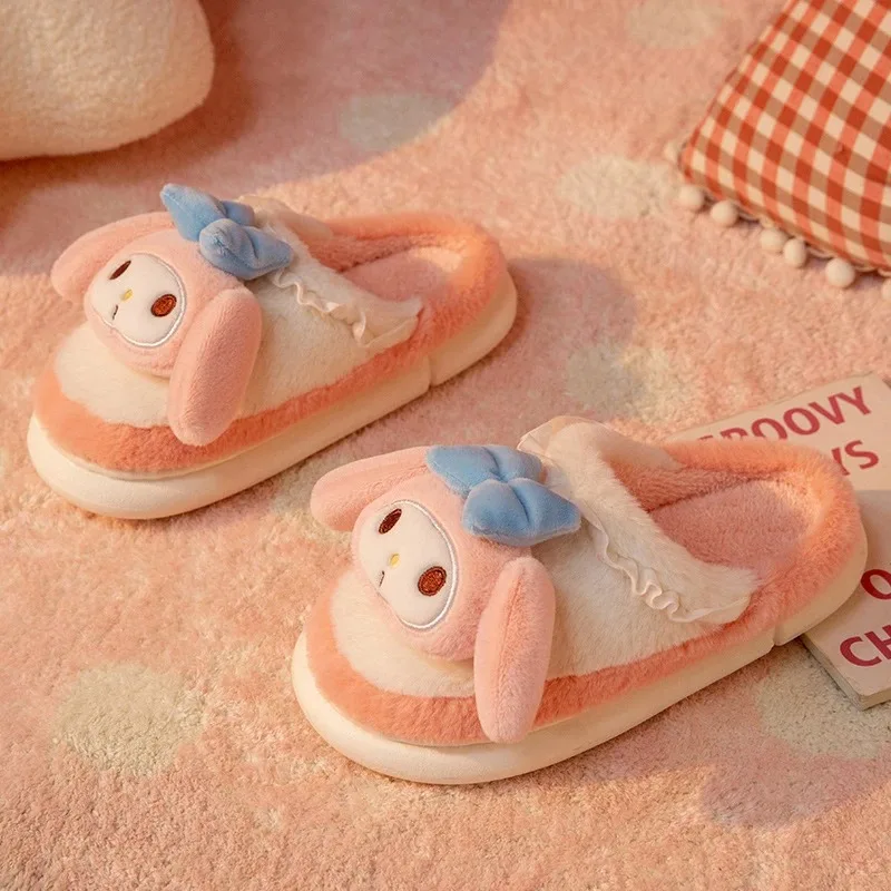 Kawaii Sanrio Kuromi My Melody Home Fuzzy Slipper Cartoon Cinnamoroll Yk2 Women Winter Plush Non Slip Slippers Girl Flat Shoes