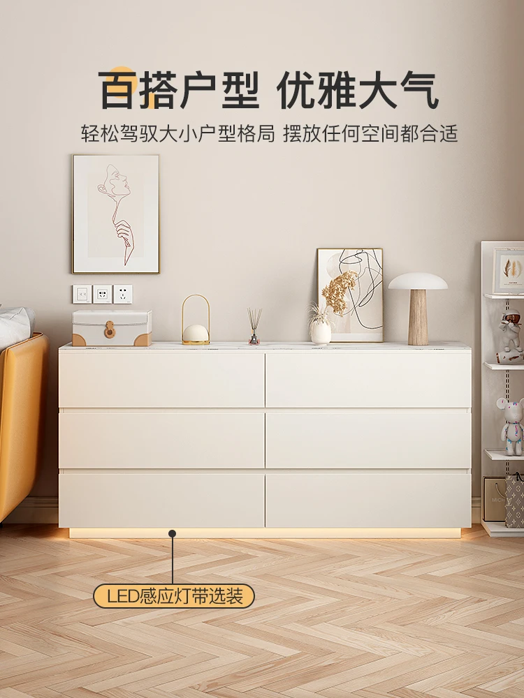 

Luxury cream wind rock board six drawers simple modern small bedroom with narrow and ultra-thin bed end.