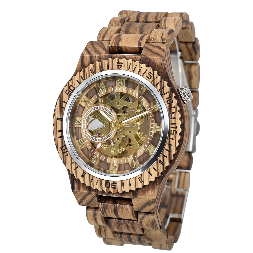 Wooden Mechanical Watch for Men with Skeleton Dual Display Luminous Fashion and Round Fold Clasp
