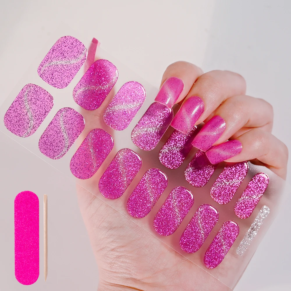 16Tips Glitter Semi-Cured Gel Nail Stickers Sweet Pink Sparkling Full Cover DIY Nail Art Decals Includes Nail File&Wooden Stick