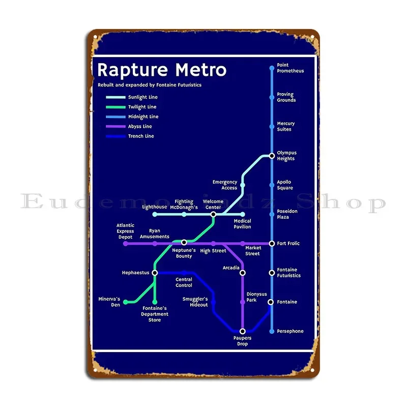 Rapture Metro carte Metro Mania Plaque métallique affiche décoration Plaques personnalisé décoration murale Plaques étain signe affiche