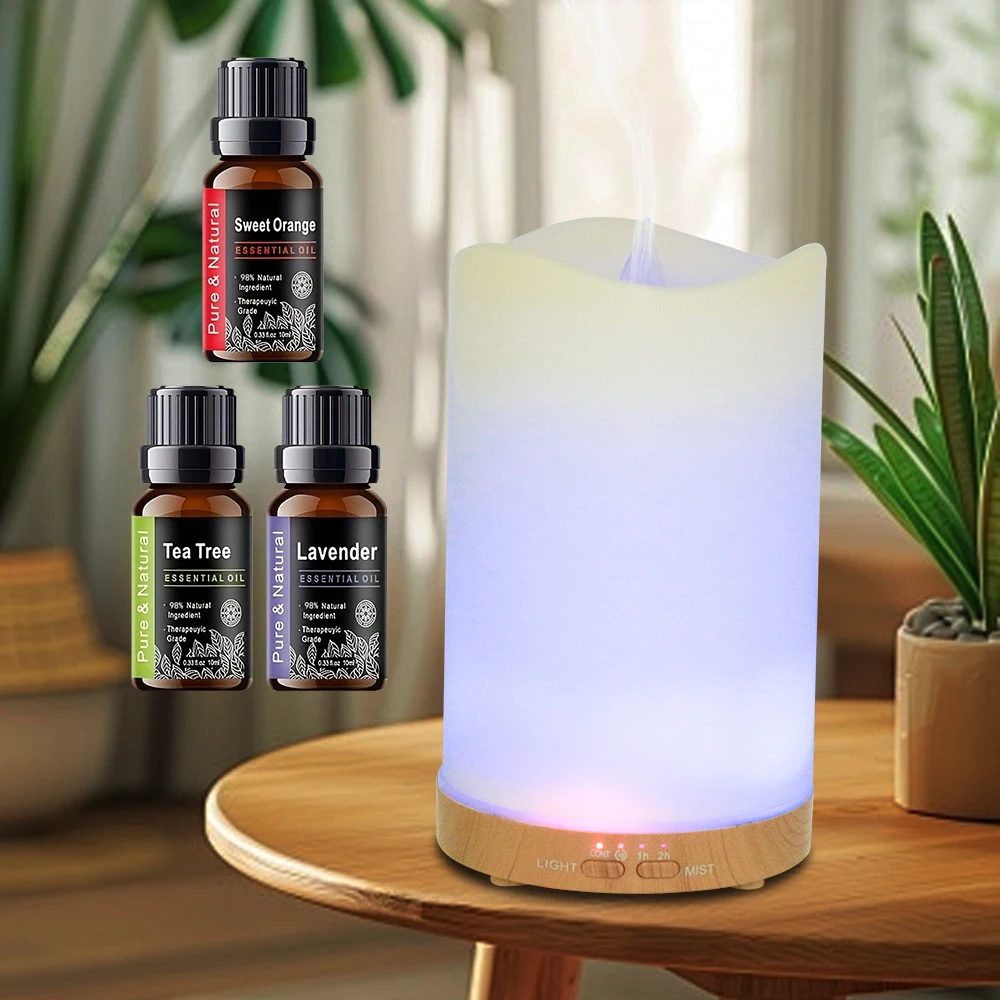 

Диффузор эфирного масла для ароматерапии в форме свечки, ультразвуковой увлажнитель, таймер и 7-цветный светильник для настроения, в комплект входят 3 масла