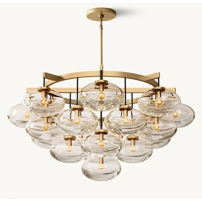 American Design Blown Glass Round Chandelier 48'' Antique Style Brass Spherical Bubble Glass Chandelier for Living Room
