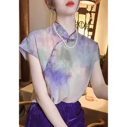 Retro Chinese Style Pullover Stand Collar Button Shirt Women's 2023 Summer New Fashion Splicing Short Sleeve All-match Thin Tops