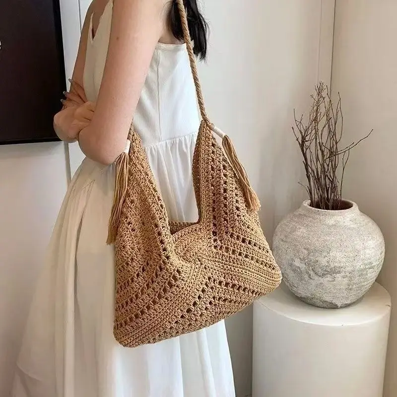 

Crochet Shoulder Bag Set for Women Raffia Boho Rattan Summer Beach Vacation Tote Bags Knitted Design Handbags Female 2025 New
